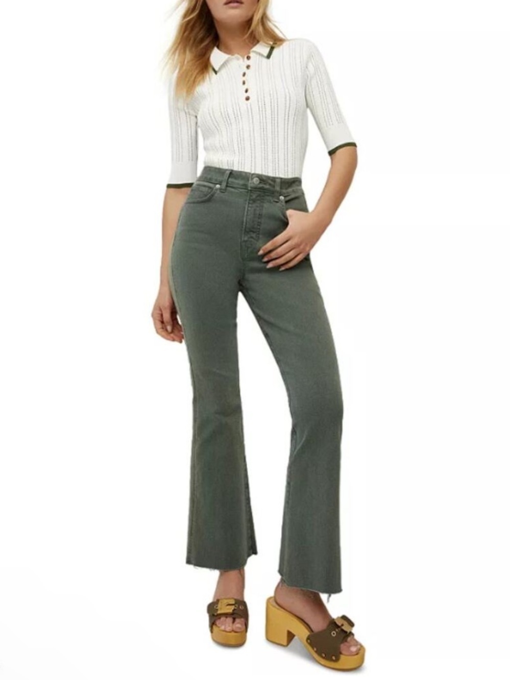 Veronica Beard Green Carson Ankle Flare  High Rise Raw Hem Jeans Garden Topiary